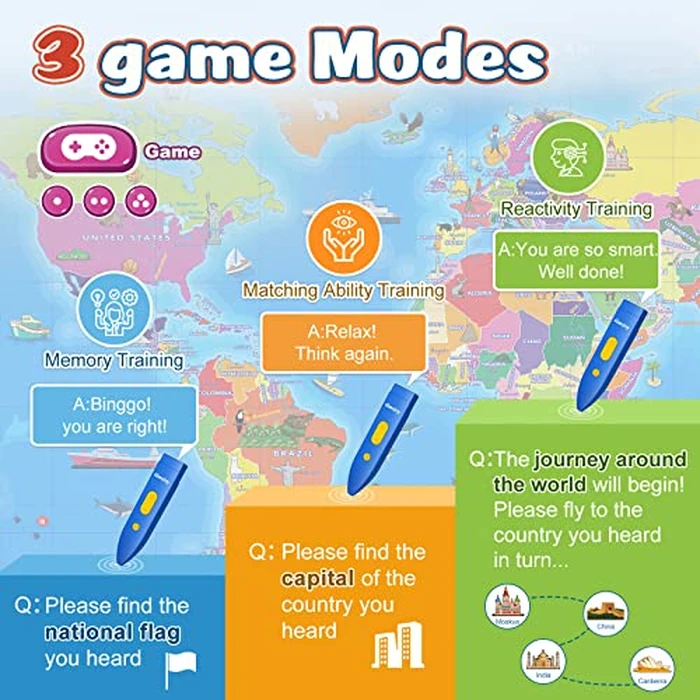 Qiaojoy Bilingual Interactive World Map for Kids Learning and Educational Toys, Talking Electronic Kids World Map i-Poster Geography Games Ages 3 to 12 Years Old, Custom Talking Birthday Gifts Card by Qiaojoy - Image 5