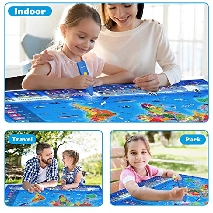 Qiaojoy Bilingual Interactive World Map for Kids Learning and Educational Toys, Talking Electronic Kids World Map i-Poster Geography Games Ages 3 to 12 Years Old, Custom Talking Birthday Gifts Card by Qiaojoy - Image 8