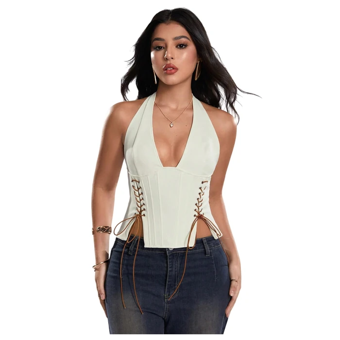 MakeMeChic Women's Corset Halter Tops Y2K Going Out Lace Up Tops Gothic Cowgirl Crop Tops White Medium by MakeMeChic - Used - Like New condition