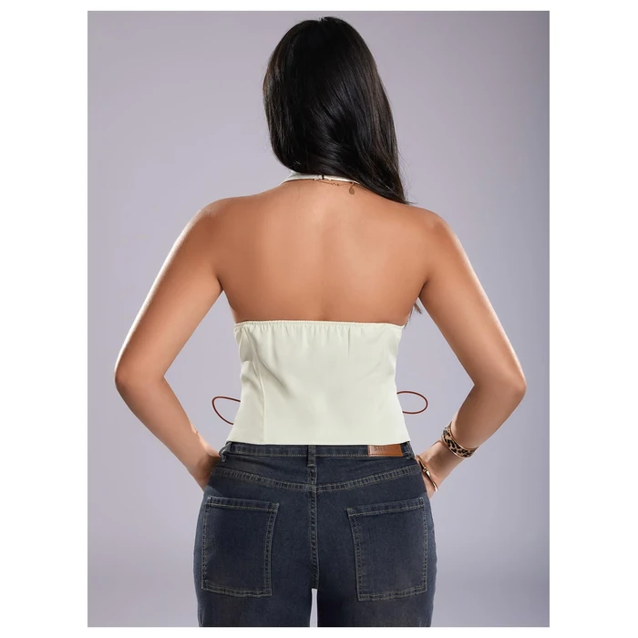 MakeMeChic Women's Corset Halter Tops Y2K Going Out Lace Up Tops Gothic Cowgirl Crop Tops White Medium by MakeMeChic - Image 2