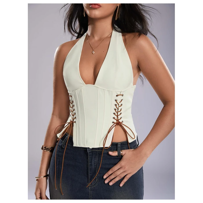 MakeMeChic Women's Corset Halter Tops Y2K Going Out Lace Up Tops Gothic Cowgirl Crop Tops White Medium by MakeMeChic - Image 3