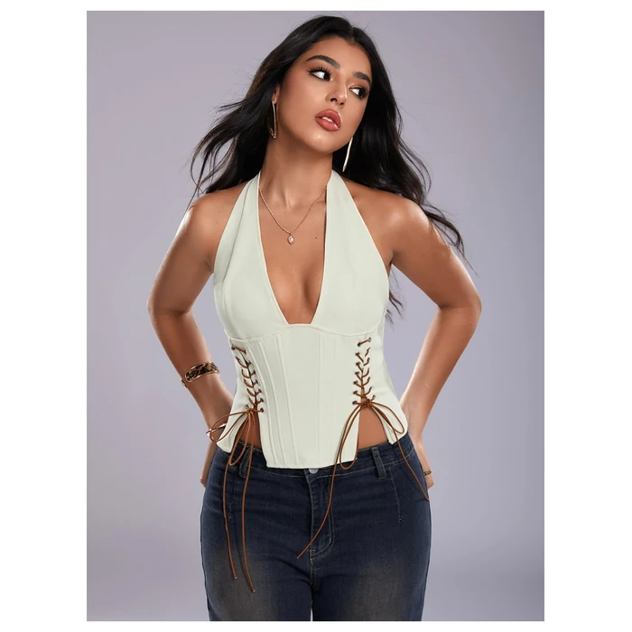 MakeMeChic Women's Corset Halter Tops Y2K Going Out Lace Up Tops Gothic Cowgirl Crop Tops White Medium by MakeMeChic - Image 4
