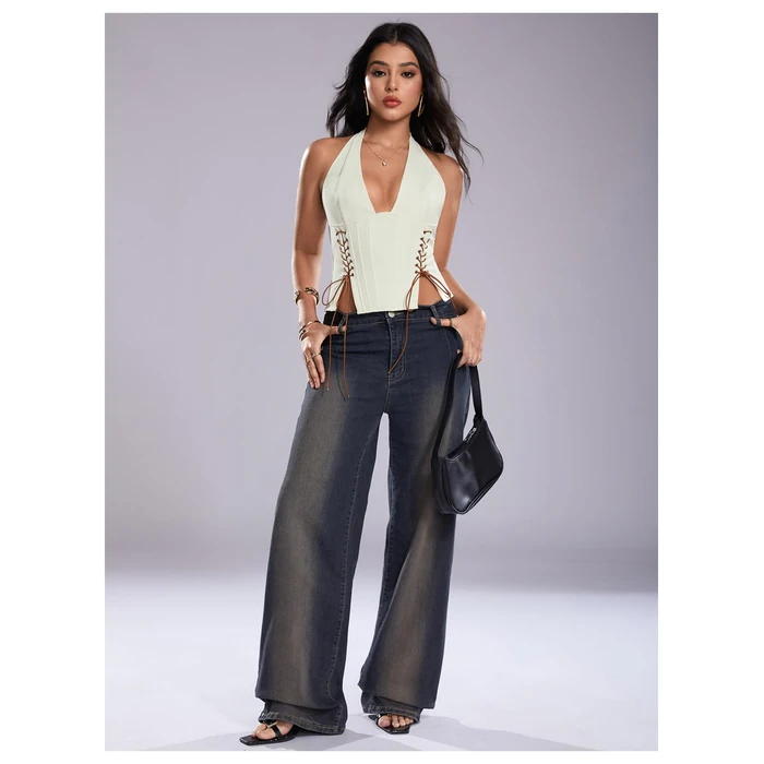 MakeMeChic Women's Corset Halter Tops Y2K Going Out Lace Up Tops Gothic Cowgirl Crop Tops White Medium by MakeMeChic - Image 5