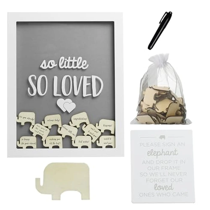 Pearhead So Little So Loved Wooden Elephant Token Frame, Baby Shower Signature Guest Book Alternative with 65 Wooden Tokens, Gender-Neutral Nursery Keepsake Decor, Gray and White by Pearhead - Used - Very Good condition - US$19.29