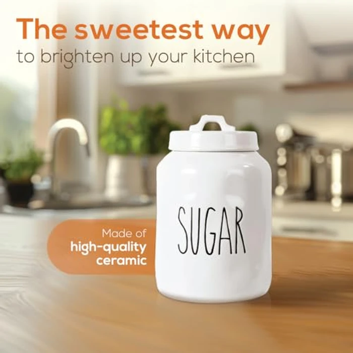 Truu Design Ceramic Sugar Jar, Modern Rae Dunn Farmhouse Design with "SUGAR" Wording, Kitchen Decor and Organization, Airtight Food Storage Container for Sugar Storage, 9.5" H x 3.94" D, White by Truu Design - Image 2