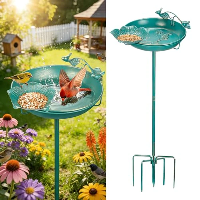 Mellbree Bird Bath for Outside, 12" Dia 39" H Lake Blue with Gold Gilding Metal birdbath for Outdoors, Freestanding with Perch & Feeder Bowl, Multi-Functional for Garden Patio Yard Lawn Outdoor Decor by Mellbree - Image 1