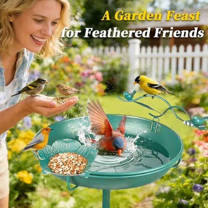Mellbree Bird Bath for Outside, 12" Dia 39" H Lake Blue with Gold Gilding Metal birdbath for Outdoors, Freestanding with Perch & Feeder Bowl, Multi-Functional for Garden Patio Yard Lawn Outdoor Decor by Mellbree - Image 2
