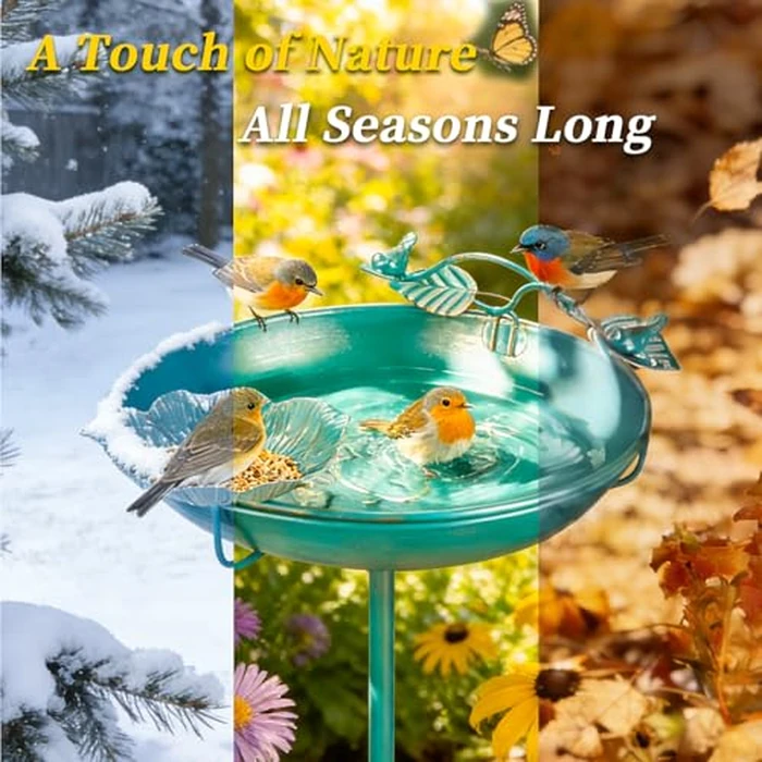 Mellbree Bird Bath for Outside, 12" Dia 39" H Lake Blue with Gold Gilding Metal birdbath for Outdoors, Freestanding with Perch & Feeder Bowl, Multi-Functional for Garden Patio Yard Lawn Outdoor Decor by Mellbree - Image 4