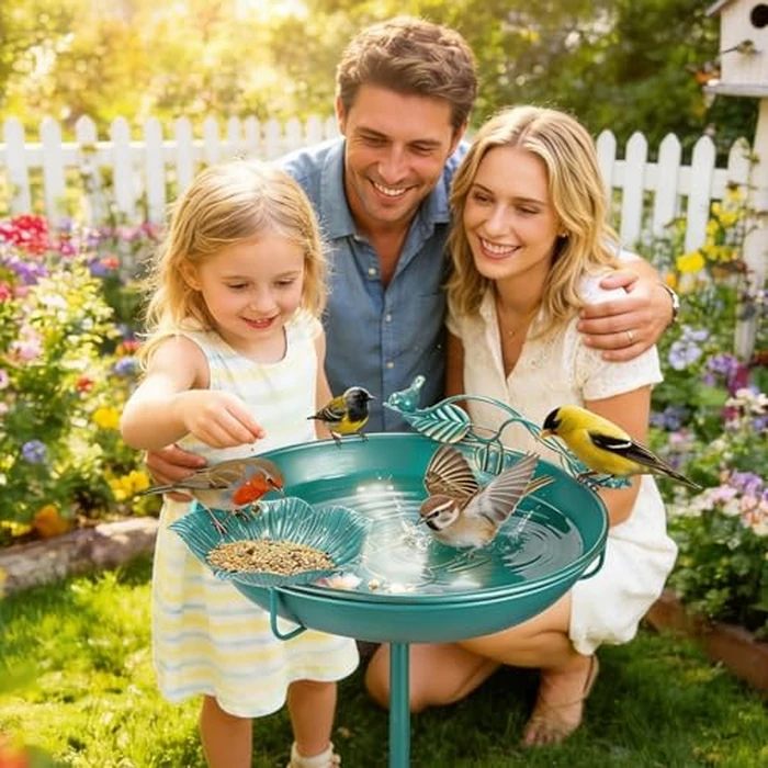 Mellbree Bird Bath for Outside, 12" Dia 39" H Lake Blue with Gold Gilding Metal birdbath for Outdoors, Freestanding with Perch & Feeder Bowl, Multi-Functional for Garden Patio Yard Lawn Outdoor Decor by Mellbree - Image 7