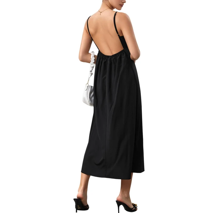 SOLY HUX Women's Summer Dress Backless V Neck Spaghetti Strap Loose Flowy Midi Cami Dresses Solid Black Small by SOLY HUX - Image 1
