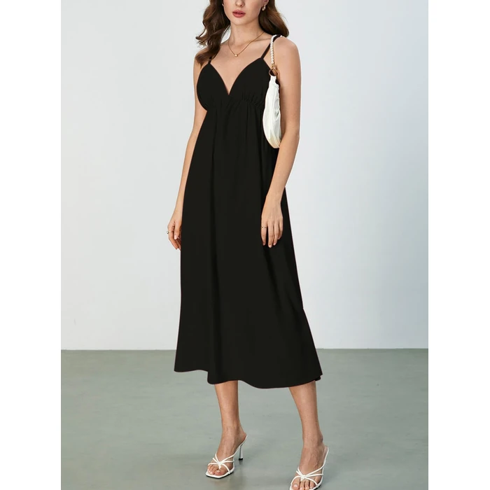 SOLY HUX Women's Summer Dress Backless V Neck Spaghetti Strap Loose Flowy Midi Cami Dresses Solid Black Small by SOLY HUX - Image 3