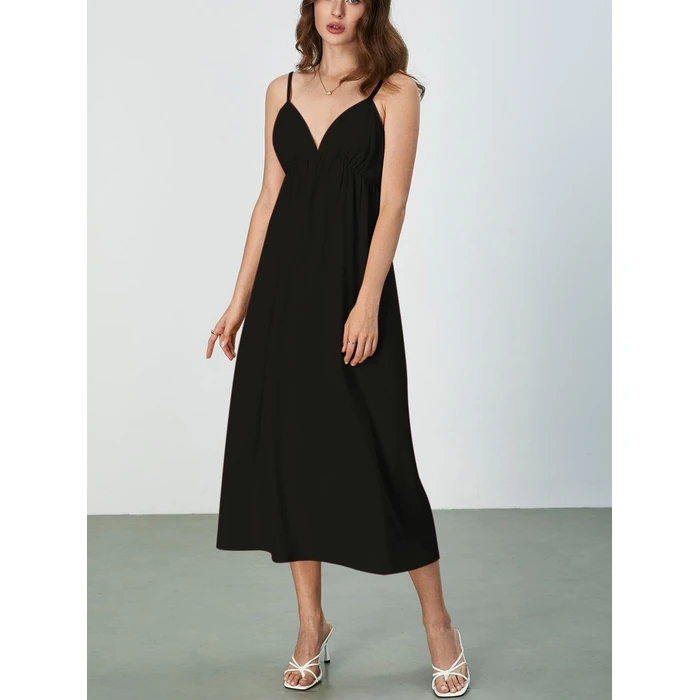 SOLY HUX Women's Summer Dress Backless V Neck Spaghetti Strap Loose Flowy Midi Cami Dresses Solid Black Small by SOLY HUX - Image 4