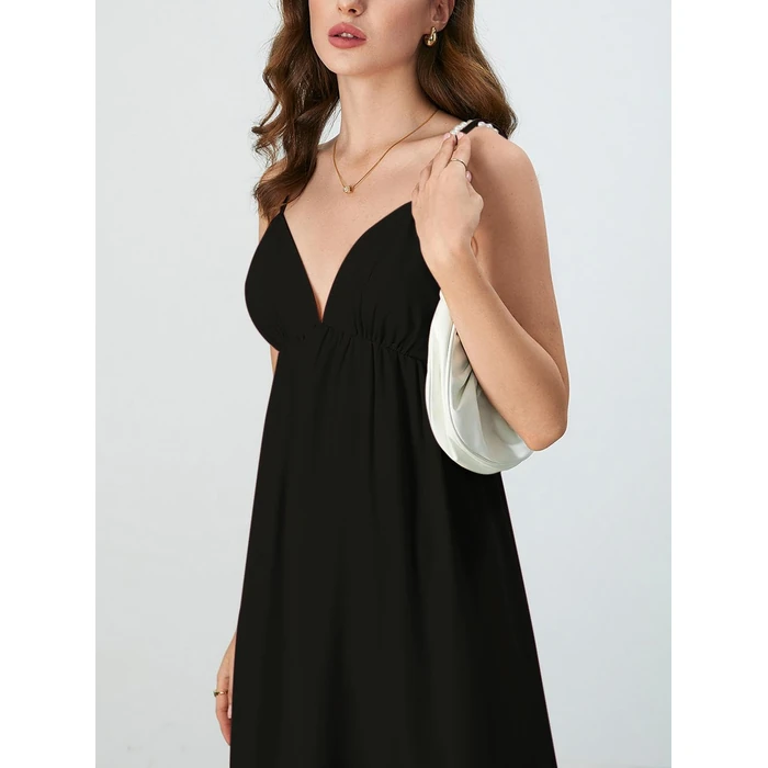 SOLY HUX Women's Summer Dress Backless V Neck Spaghetti Strap Loose Flowy Midi Cami Dresses Solid Black Small by SOLY HUX - Image 5