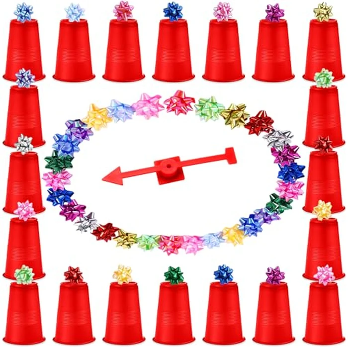 Soulchen 85 Pcs Christmas Bow Spinner Game Set DIY Prize Garlands Box Rotating Arrow Game 28 Christmas Plastic Cups 56 Xmas Bow Garlands 1 Red Rotating Arrow Comes with Glue for Xmas Family Party by Soulchen - Used - Like New condition - US$8.64