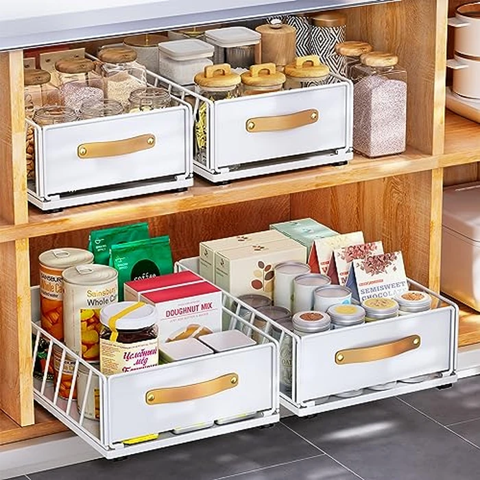 Pull out Cabinet Organizer,Heavy Duty Slide out Pantry Shelves Drawer Storage with Adhesive Nano Film,Sliding Mesh Cabinet Basket with Handle for Kitchen, Bathroom, Home, 9.8"W X 15.7"D X 6.2"H,White by Kitstorack - Image 1