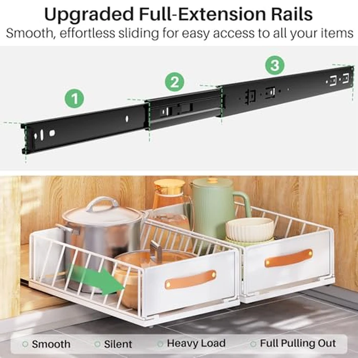 Pull out Cabinet Organizer,Heavy Duty Slide out Pantry Shelves Drawer Storage with Adhesive Nano Film,Sliding Mesh Cabinet Basket with Handle for Kitchen, Bathroom, Home, 9.8"W X 15.7"D X 6.2"H,White by Kitstorack - Image 3