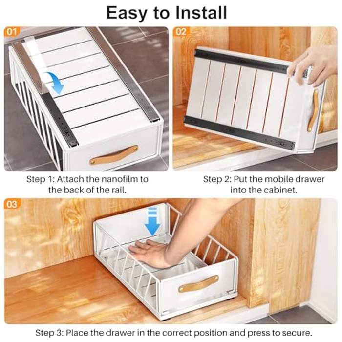 Pull out Cabinet Organizer,Heavy Duty Slide out Pantry Shelves Drawer Storage with Adhesive Nano Film,Sliding Mesh Cabinet Basket with Handle for Kitchen, Bathroom, Home, 9.8"W X 15.7"D X 6.2"H,White by Kitstorack - Image 8