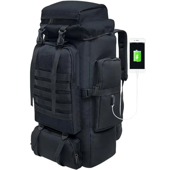 Vaupan Hiking Backpack, 80L Camping Military Tactical Backpack with USB Charging Port, Waterproof Large Travel Daypack Outdoor MOLLE Rucksack for Men Women (Black-USB-CR) by Vaupan - Used - Good condition - CA$21.37