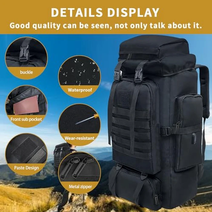 Vaupan Hiking Backpack, 80L Camping Military Tactical Backpack with USB Charging Port, Waterproof Large Travel Daypack Outdoor MOLLE Rucksack for Men Women (Black-USB-CR) by Vaupan - Image 4