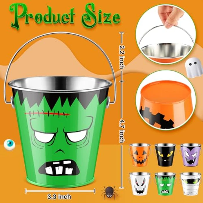 Tioncy 12 Pcs Halloween Pumpkin Bucket Bulk Metal Trick Treat Party Favors Pail with Handle Small Candy Pumpkin Bucket Jack O Lantern Basket for Trick or Treat Party Favor Supplies by Tioncy - Image 3