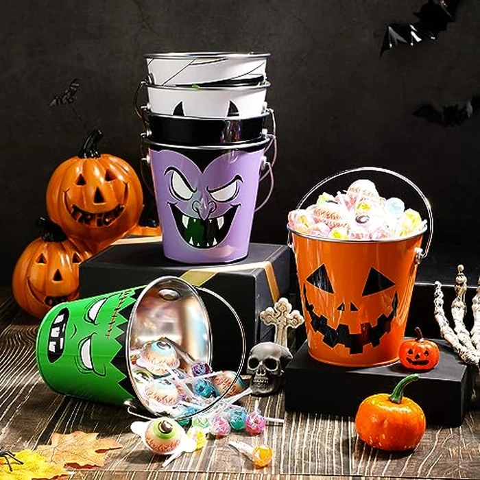 Tioncy 12 Pcs Halloween Pumpkin Bucket Bulk Metal Trick Treat Party Favors Pail with Handle Small Candy Pumpkin Bucket Jack O Lantern Basket for Trick or Treat Party Favor Supplies by Tioncy - Image 6