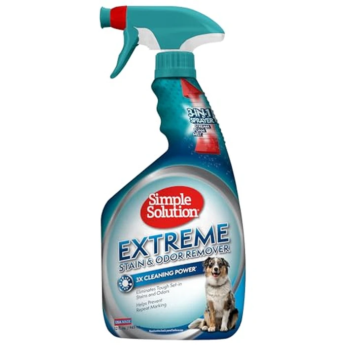 Simple Solution Extreme Pet Stain and Odor Eliminator Spray, Enzymatic Cleaner With 3X Pro-Bacteria Cleaning Power for Dogs & Cats, Strong Urine, Pee and Poop Smell Remover for Carpets & Floors, 32 oz by Simple Solution - Used - Like New condition
