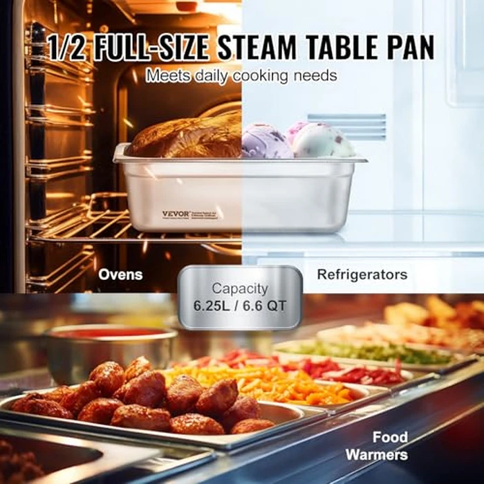VEVOR 8 Pack Hotel Pans with Lids, 1/2 Size Anti-Jam Steam Pan, 0.8mm Thick Stainless Steel Steam Table Pan, 4-Inch Deep Commercial Table Pan, Catering Storage Food Pan, for Industrial & Scientific by VEVOR - Image 4