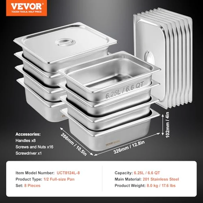 VEVOR 8 Pack Hotel Pans with Lids, 1/2 Size Anti-Jam Steam Pan, 0.8mm Thick Stainless Steel Steam Table Pan, 4-Inch Deep Commercial Table Pan, Catering Storage Food Pan, for Industrial & Scientific by VEVOR - Image 8