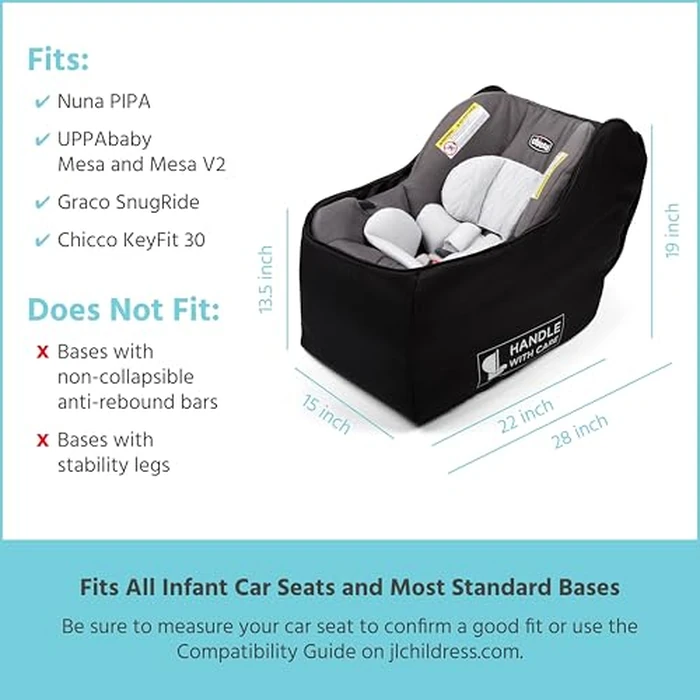J.L. Childress Padded Infant Car Seat Bag - Travel Bag for Airplane, Fits Most Baby & Infant Car Seats, Compatible with UPPAbaby, Nuna, & Chicco, Airport Accessories, AirTag Compatible- Premier, Black by J.L. Childress - Image 3