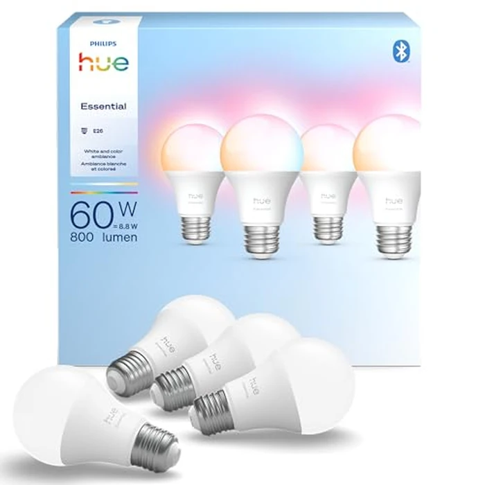 Philips Hue Essential Smart LED A19 Bulb, White and Color Ambiance, E26 Base, 8.8W, 2200K-6500K, 800 Lumens, Dimmable, Works with Alexa, Google, and Apple Home, 4-Pack by Philips Hue - Image 1