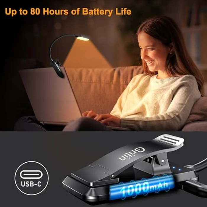 Gritin 16 LED Rechargeable Book Light for Reading in Bed- Eye Caring 3 Color Temperatures, Stepless Dimming Brightness, 80 Hrs Runtime, Lightweight Flexible Clip on Light for Book Lovers by Gritin - Image 6