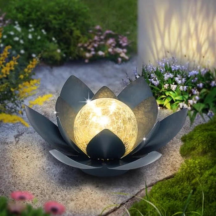 Huaxu Solar Lights Outdoor Garden Decor Crackle Glass Globe Lotus Flower Gray Metal Waterproof Light for Patio, Lawn, Walkway, Tabletop, Ground,Christmas Gifts for Mom,Women by Huaxu - Image 1