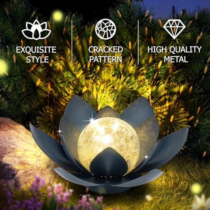 Huaxu Solar Lights Outdoor Garden Decor Crackle Glass Globe Lotus Flower Gray Metal Waterproof Light for Patio, Lawn, Walkway, Tabletop, Ground,Christmas Gifts for Mom,Women by Huaxu - Image 2