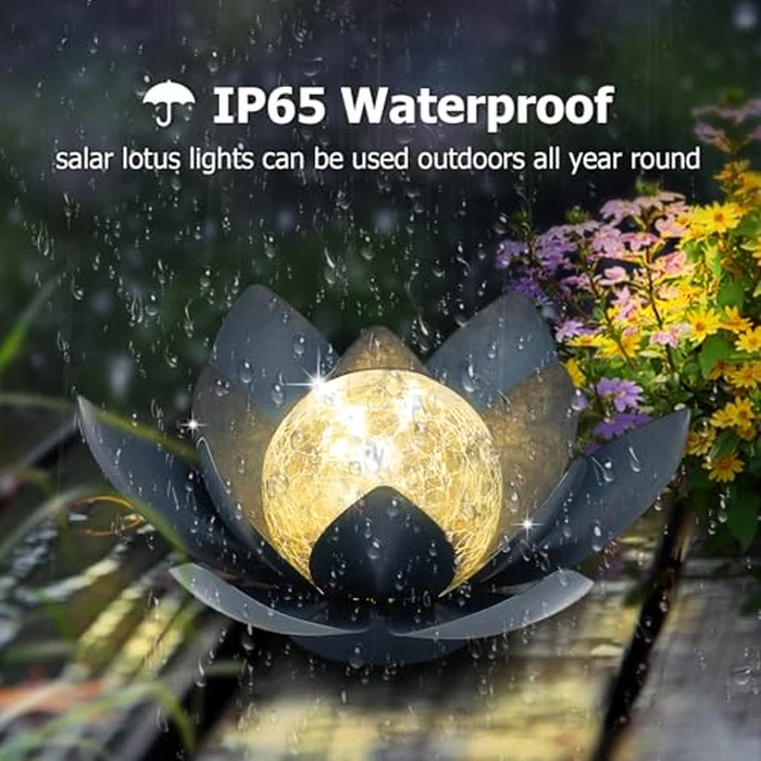 Huaxu Solar Lights Outdoor Garden Decor Crackle Glass Globe Lotus Flower Gray Metal Waterproof Light for Patio, Lawn, Walkway, Tabletop, Ground,Christmas Gifts for Mom,Women by Huaxu - Image 3