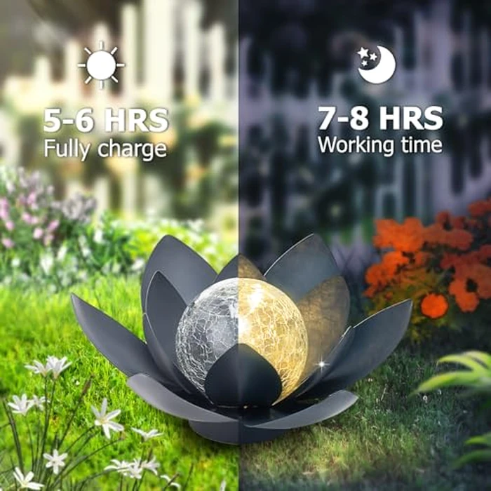 Huaxu Solar Lights Outdoor Garden Decor Crackle Glass Globe Lotus Flower Gray Metal Waterproof Light for Patio, Lawn, Walkway, Tabletop, Ground,Christmas Gifts for Mom,Women by Huaxu - Image 4