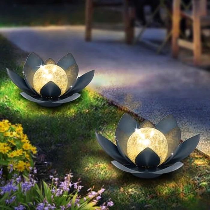 Huaxu Solar Lights Outdoor Garden Decor Crackle Glass Globe Lotus Flower Gray Metal Waterproof Light for Patio, Lawn, Walkway, Tabletop, Ground,Christmas Gifts for Mom,Women by Huaxu - Image 6