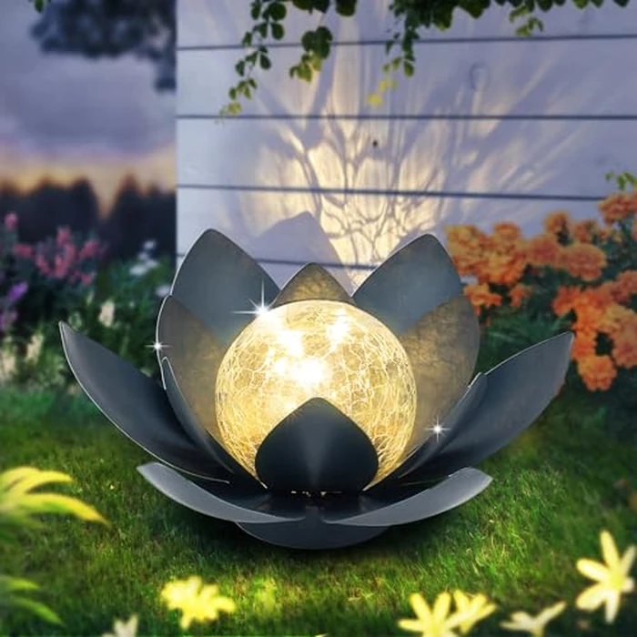 Huaxu Solar Lights Outdoor Garden Decor Crackle Glass Globe Lotus Flower Gray Metal Waterproof Light for Patio, Lawn, Walkway, Tabletop, Ground,Christmas Gifts for Mom,Women by Huaxu - Image 7
