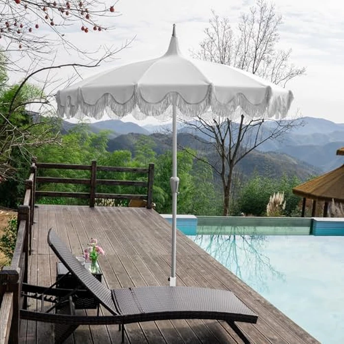 Funsite 7.5ft Pagoda Patio Umbrella with Fringe, UPF50+ Tassel Umbrella with Crank & Fiberglass Ribs, Holiday Outdoor Umbrella for Garden Pool Lawn Yard Table, White by Funsite - Image 3