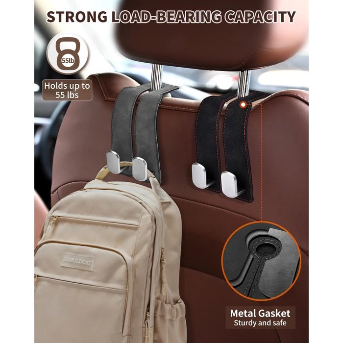 LQLAN Headrest Hooks for Car, 4 Pack Car Seat Back Organizer Storage Hook, Double Hook Car Seat Hooks for Hanger Purses and Bags, Leather Purse Holder for Car, Black by LQLAN - Image 2