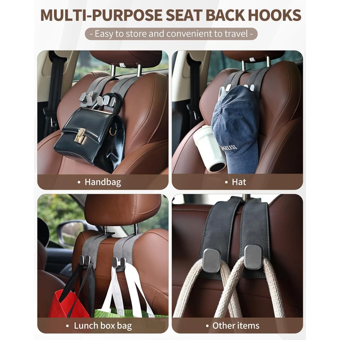 LQLAN Headrest Hooks for Car, 4 Pack Car Seat Back Organizer Storage Hook, Double Hook Car Seat Hooks for Hanger Purses and Bags, Leather Purse Holder for Car, Black by LQLAN - Image 4