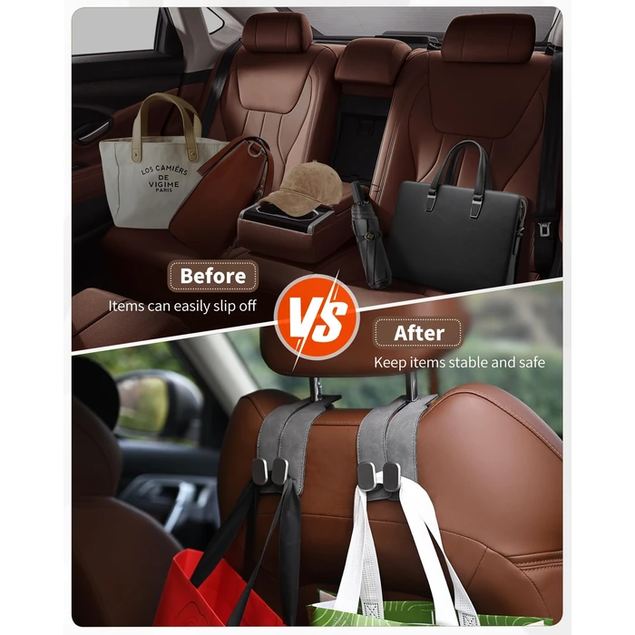 LQLAN Headrest Hooks for Car, 4 Pack Car Seat Back Organizer Storage Hook, Double Hook Car Seat Hooks for Hanger Purses and Bags, Leather Purse Holder for Car, Black by LQLAN - Image 5