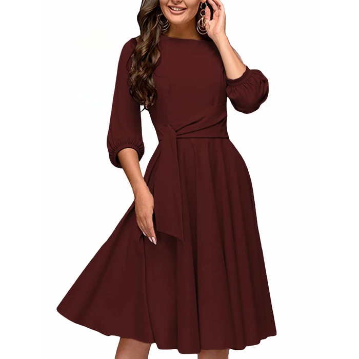 FENJAR Women's Formal Dresses Casual Wedding Guest Church Work Elegance Audrey Hepburn Style A-line Midi Dress(P-Wine-S) by FENJAR - Image 3
