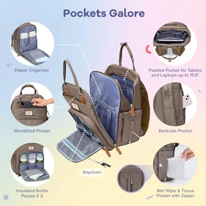 RUVALINO Diaper Bag Backpack, Multifunction Travel Pack Maternity Baby Changing Bags, Large Capacity, Waterproof, Khaki by RUVALINO - Image 2