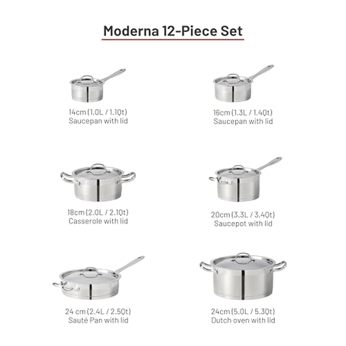 Lagostina Moderna 12-Piece Stainless Steel Cookware Set, Commercial Capsule Base, Induction Safe Pots and Pan Set Includes Saucepan, Casserole, Dutch Oven & Lids, Oven Safe up to 400 degreesF / 204ºC by Lagostina - Image 2