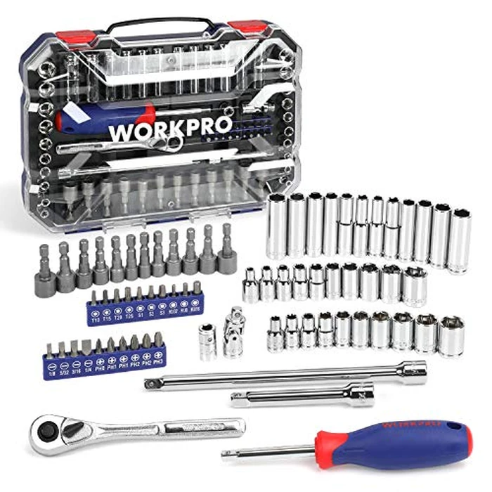 WORKPRO 70-Piece 1/4" Drive Socket Set with Quick-Release Ratchet, Metric and SAE for Auto Repairing & Household, W003068A by WORKPRO - Used - Like New condition - US$31.18