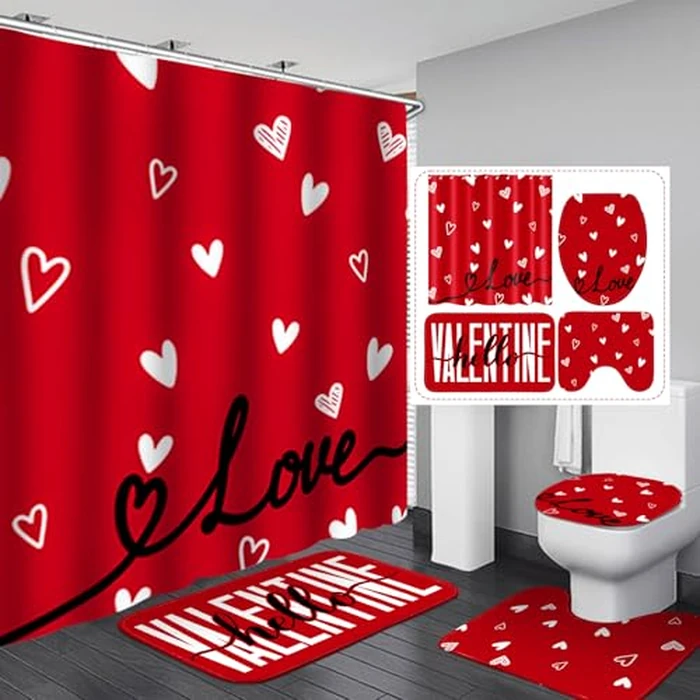 Drydiet 4 Pcs Valentine's Day Shower Curtain Set, Non Slip Rugs Toilet Lid Cover U Shape Bath Mat and 12 Hooks Love Heart Shape Red Bathroom Supplies for Valentines Accessories Decor Set by Drydiet - Used - Very Good condition