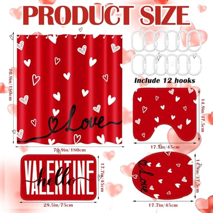 Drydiet 4 Pcs Valentine's Day Shower Curtain Set, Non Slip Rugs Toilet Lid Cover U Shape Bath Mat and 12 Hooks Love Heart Shape Red Bathroom Supplies for Valentines Accessories Decor Set by Drydiet - Image 2