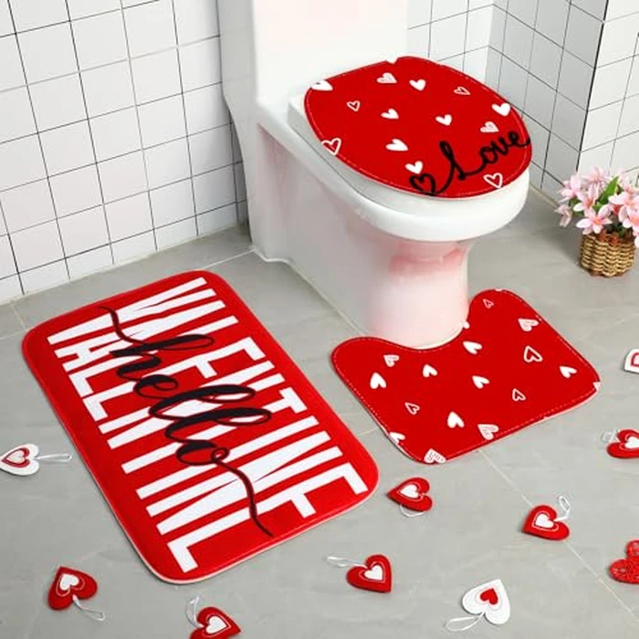 Drydiet 4 Pcs Valentine's Day Shower Curtain Set, Non Slip Rugs Toilet Lid Cover U Shape Bath Mat and 12 Hooks Love Heart Shape Red Bathroom Supplies for Valentines Accessories Decor Set by Drydiet - Image 3