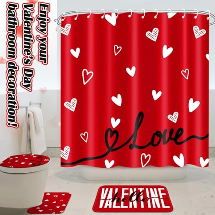Drydiet 4 Pcs Valentine's Day Shower Curtain Set, Non Slip Rugs Toilet Lid Cover U Shape Bath Mat and 12 Hooks Love Heart Shape Red Bathroom Supplies for Valentines Accessories Decor Set by Drydiet - Image 4