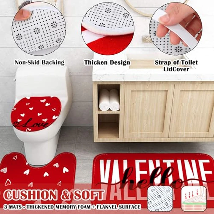 Drydiet 4 Pcs Valentine's Day Shower Curtain Set, Non Slip Rugs Toilet Lid Cover U Shape Bath Mat and 12 Hooks Love Heart Shape Red Bathroom Supplies for Valentines Accessories Decor Set by Drydiet - Image 5